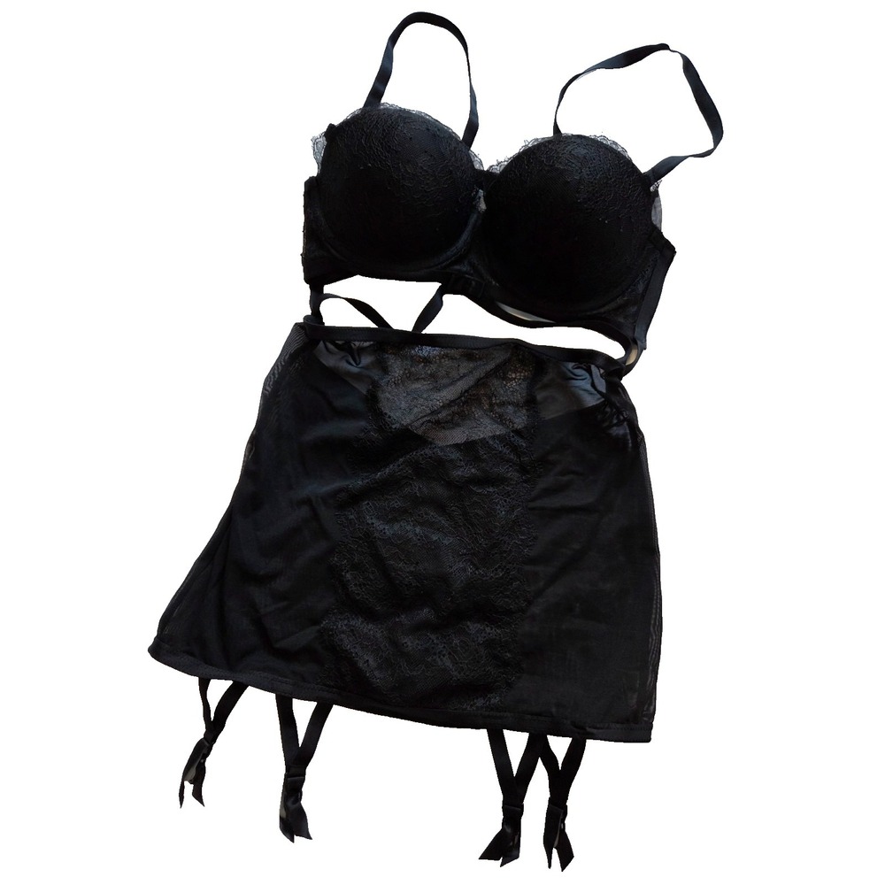 Victoria's Secret Lingerie Sheer Lace Black BRA GARTER BUSTIER CORSET Clips 34 C